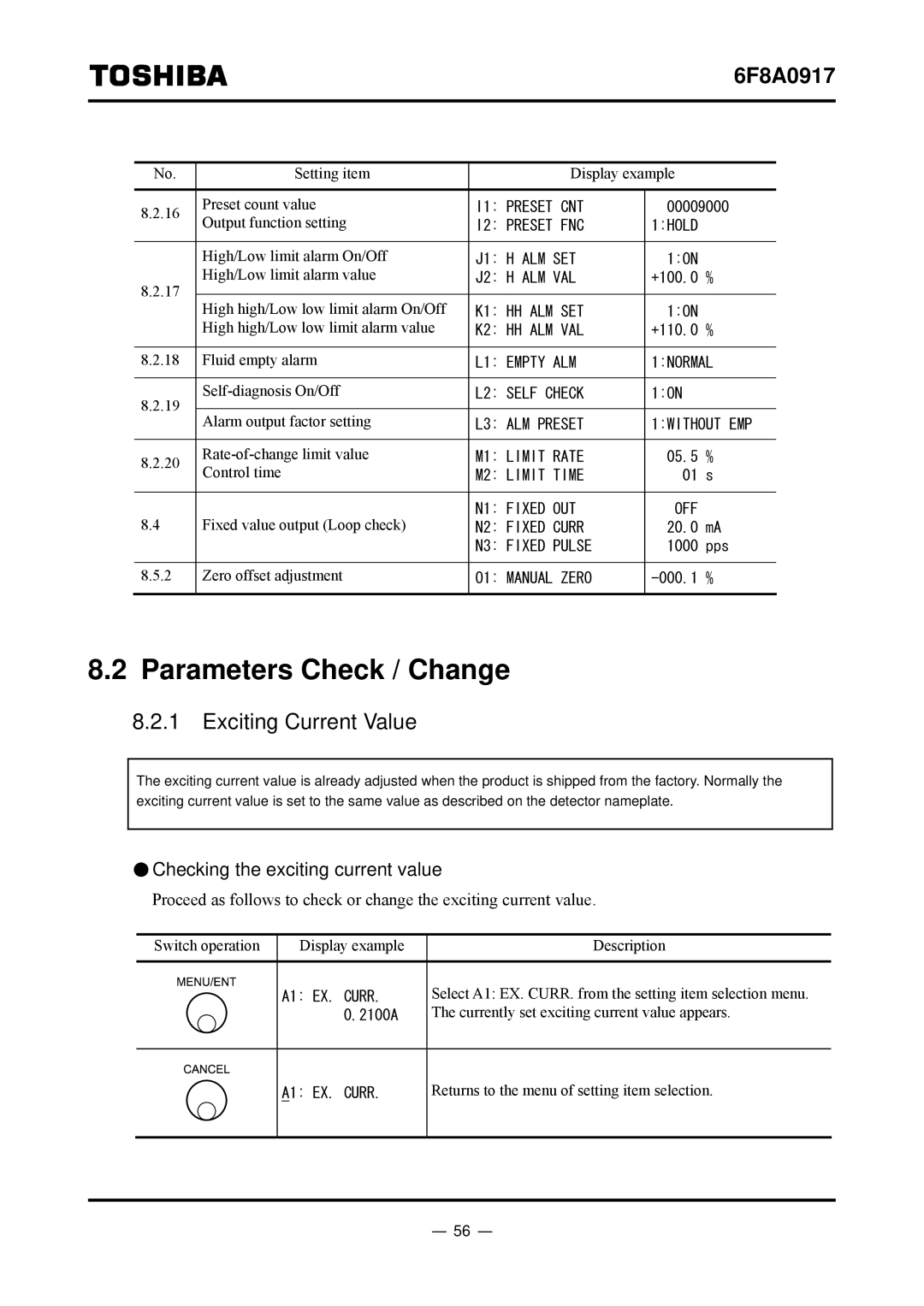 Toshiba L5232 manual Parameters Check / Change, Exciting Current Value, Checking the exciting current value 