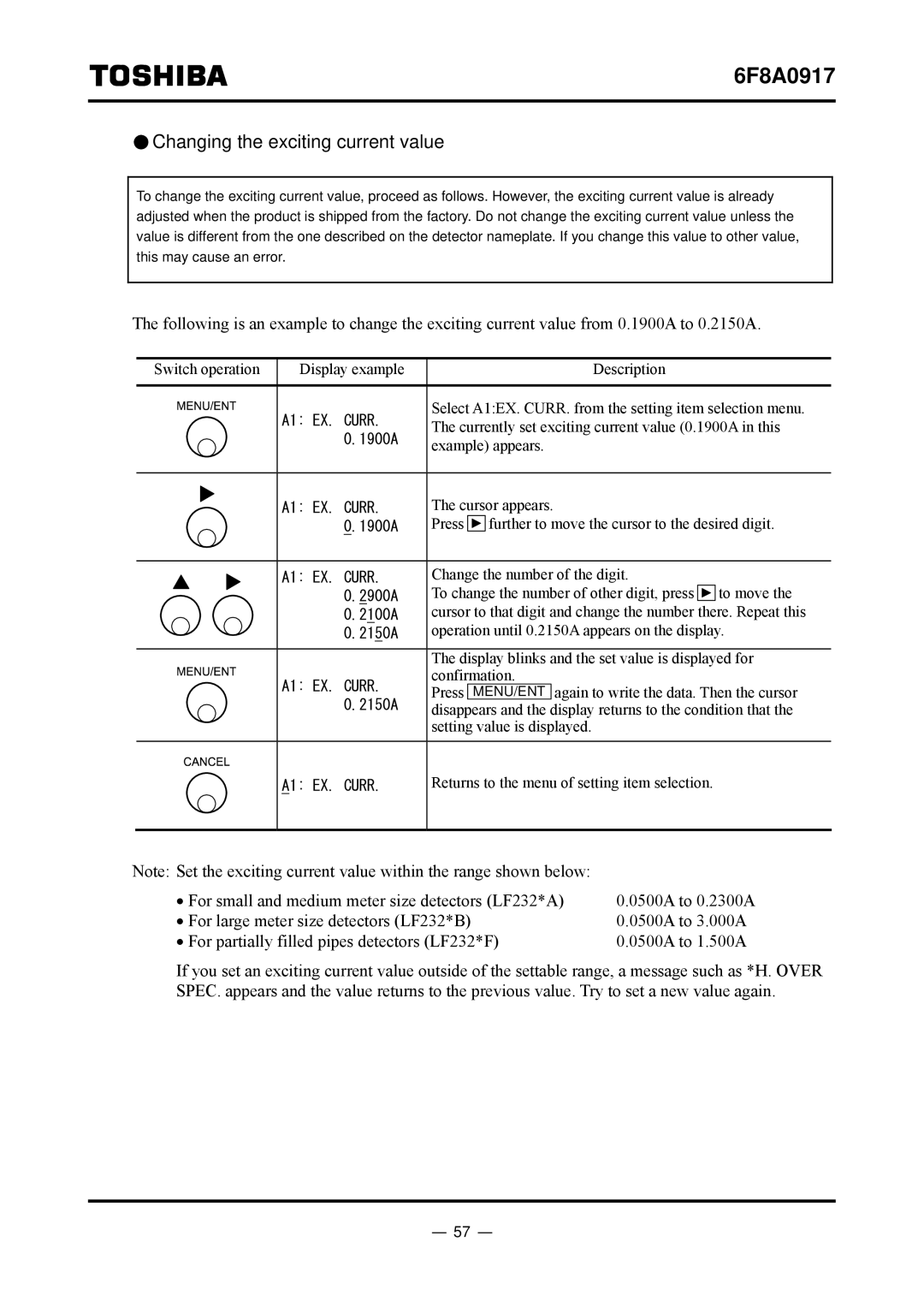 Toshiba L5232 manual Changing the exciting current value 