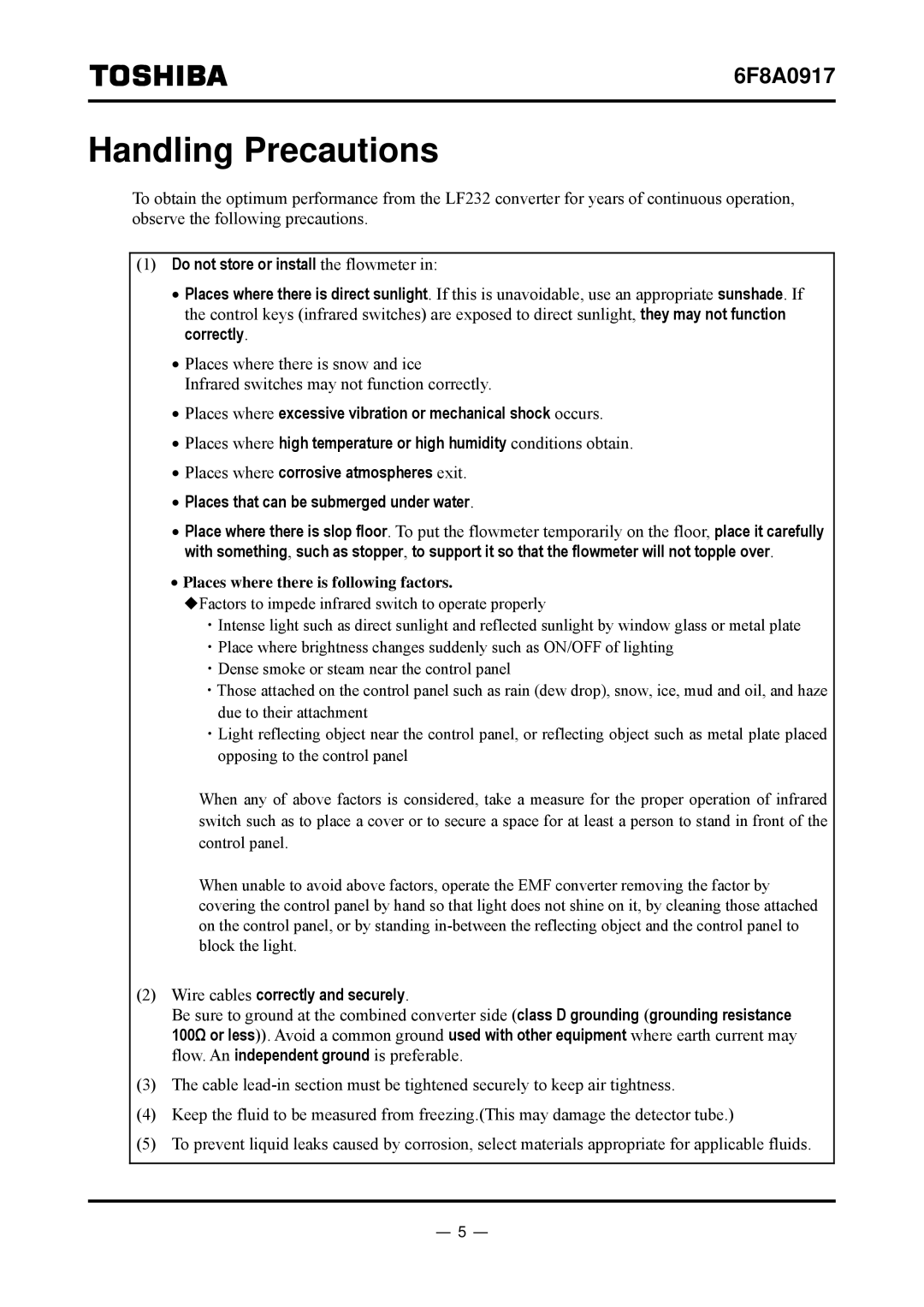 Toshiba L5232 manual Handling Precautions, Do not store or install the flowmeter 