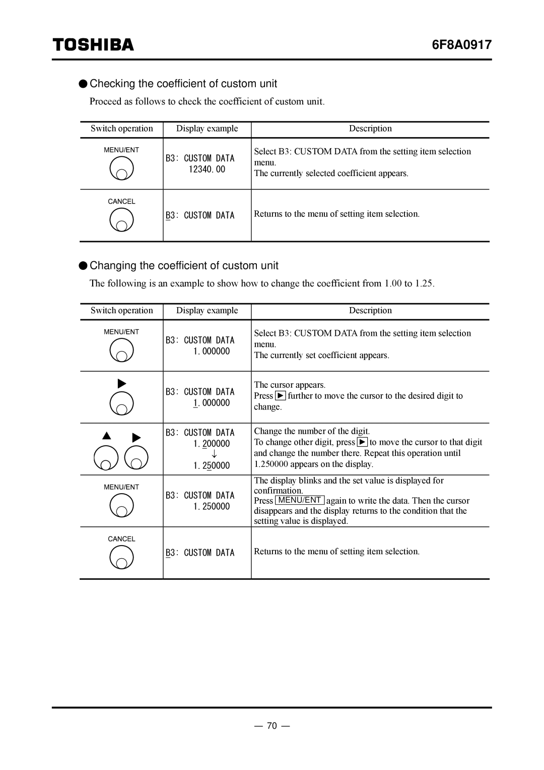 Toshiba L5232 manual Checking the coefficient of custom unit, Changing the coefficient of custom unit 