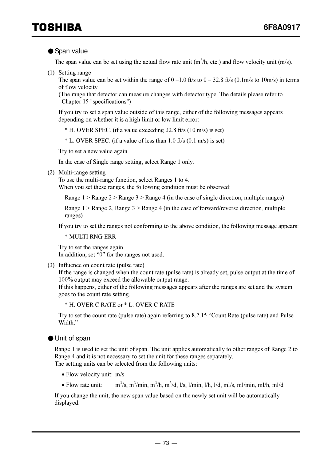 Toshiba L5232 manual Span value, Unit of span 