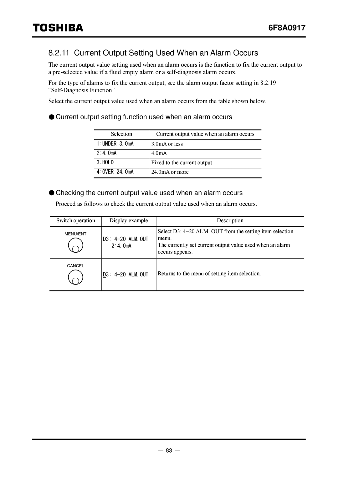 Toshiba L5232 Current Output Setting Used When an Alarm Occurs, Current output setting function used when an alarm occurs 