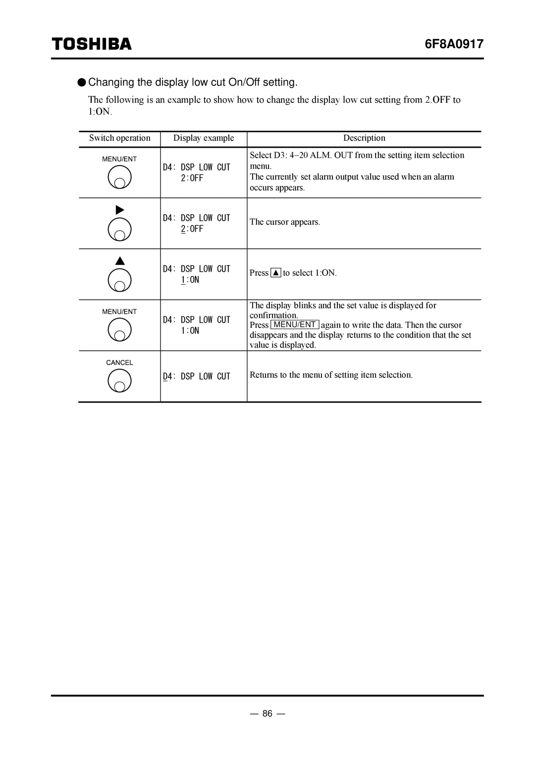 Toshiba L5232 manual Changing the display low cut On/Off setting 