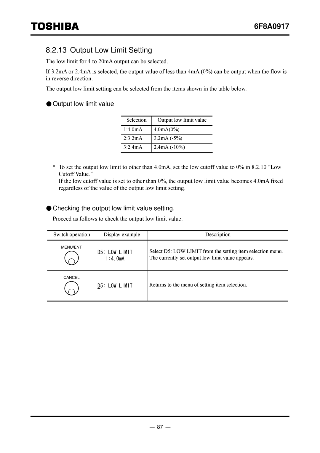 Toshiba L5232 manual Output Low Limit Setting, Output low limit value, Checking the output low limit value setting 