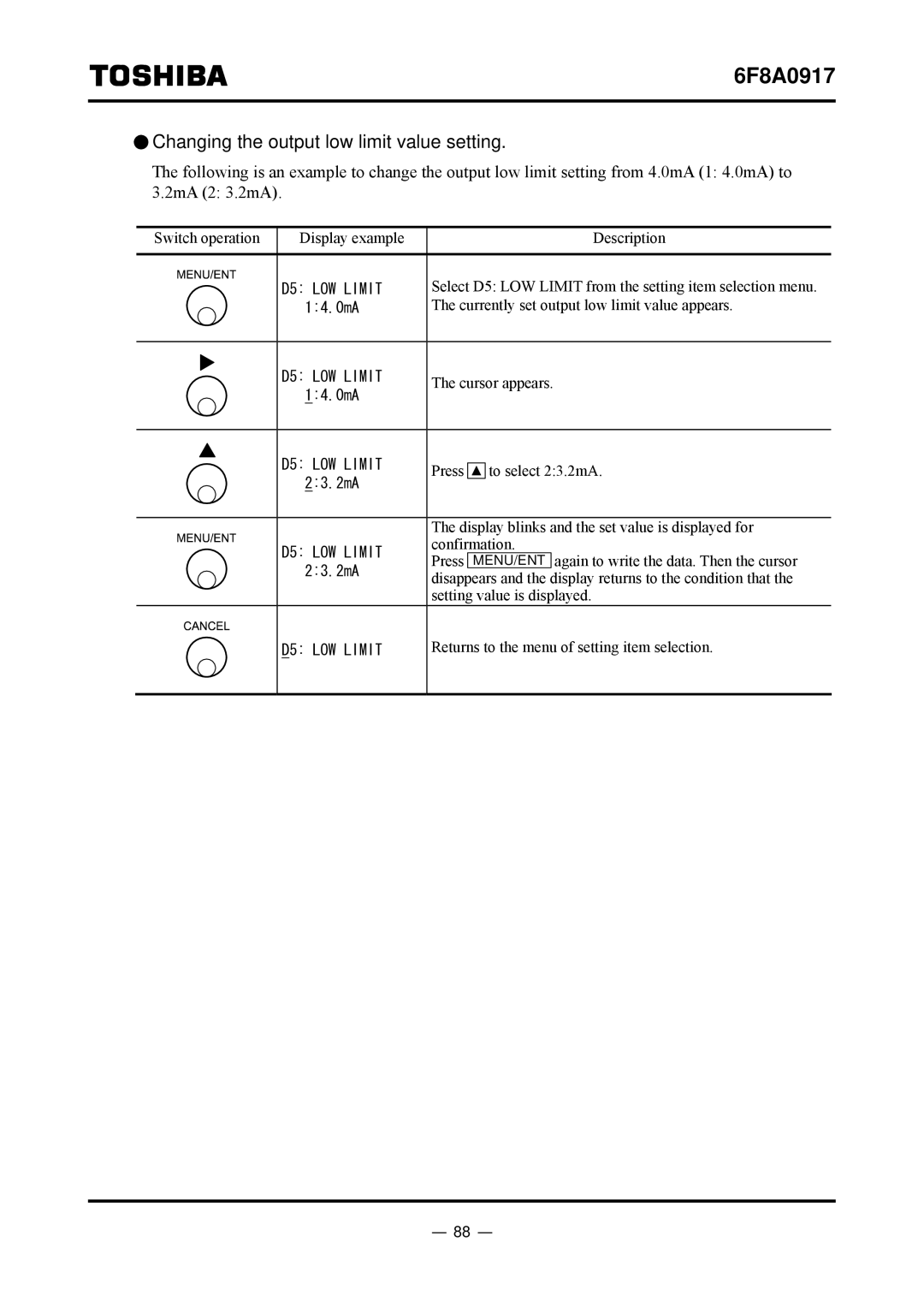 Toshiba L5232 manual Changing the output low limit value setting 