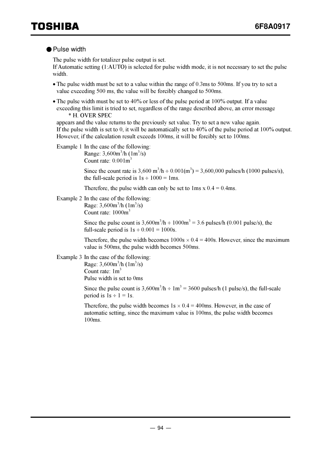 Toshiba L5232 manual Pulse width, Over Spec 