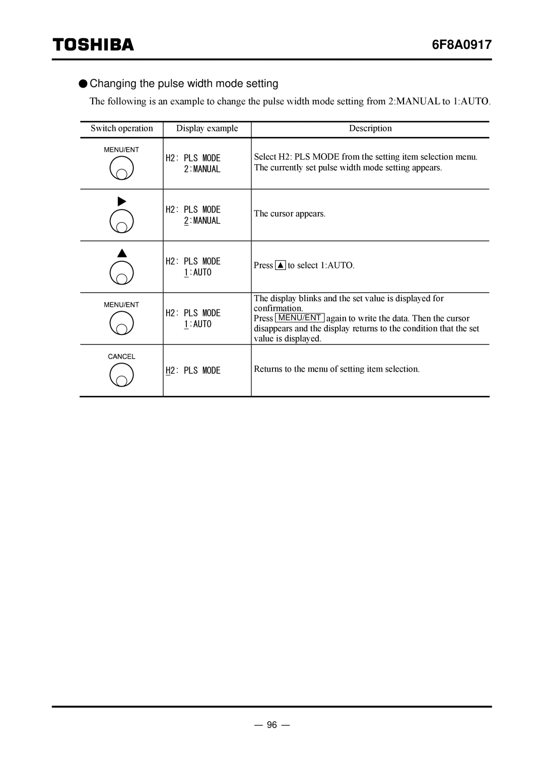 Toshiba L5232 manual Changing the pulse width mode setting 