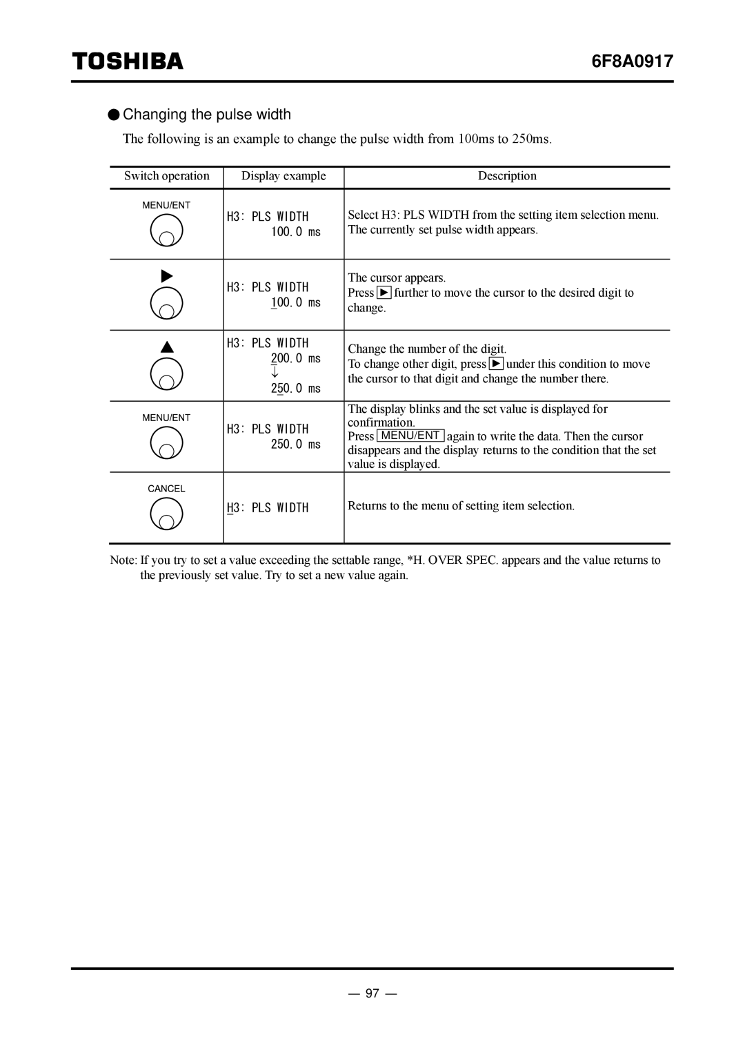 Toshiba L5232 manual Changing the pulse width 