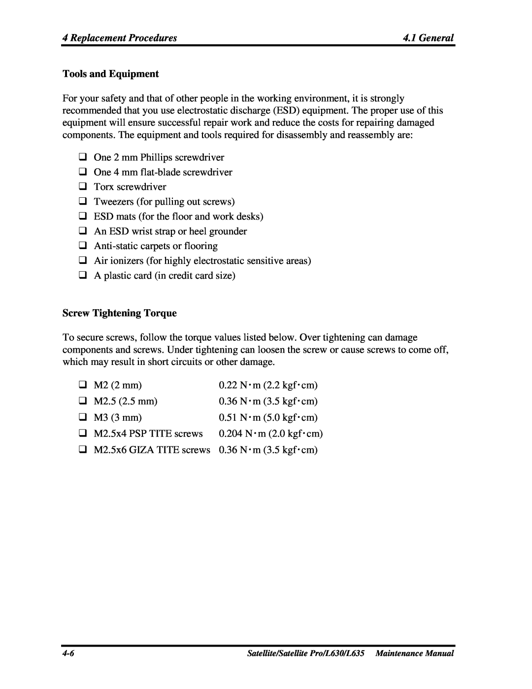 Toshiba L635, L630 manual Replacement Procedures, General, Tools and Equipment, Screw Tightening Torque 