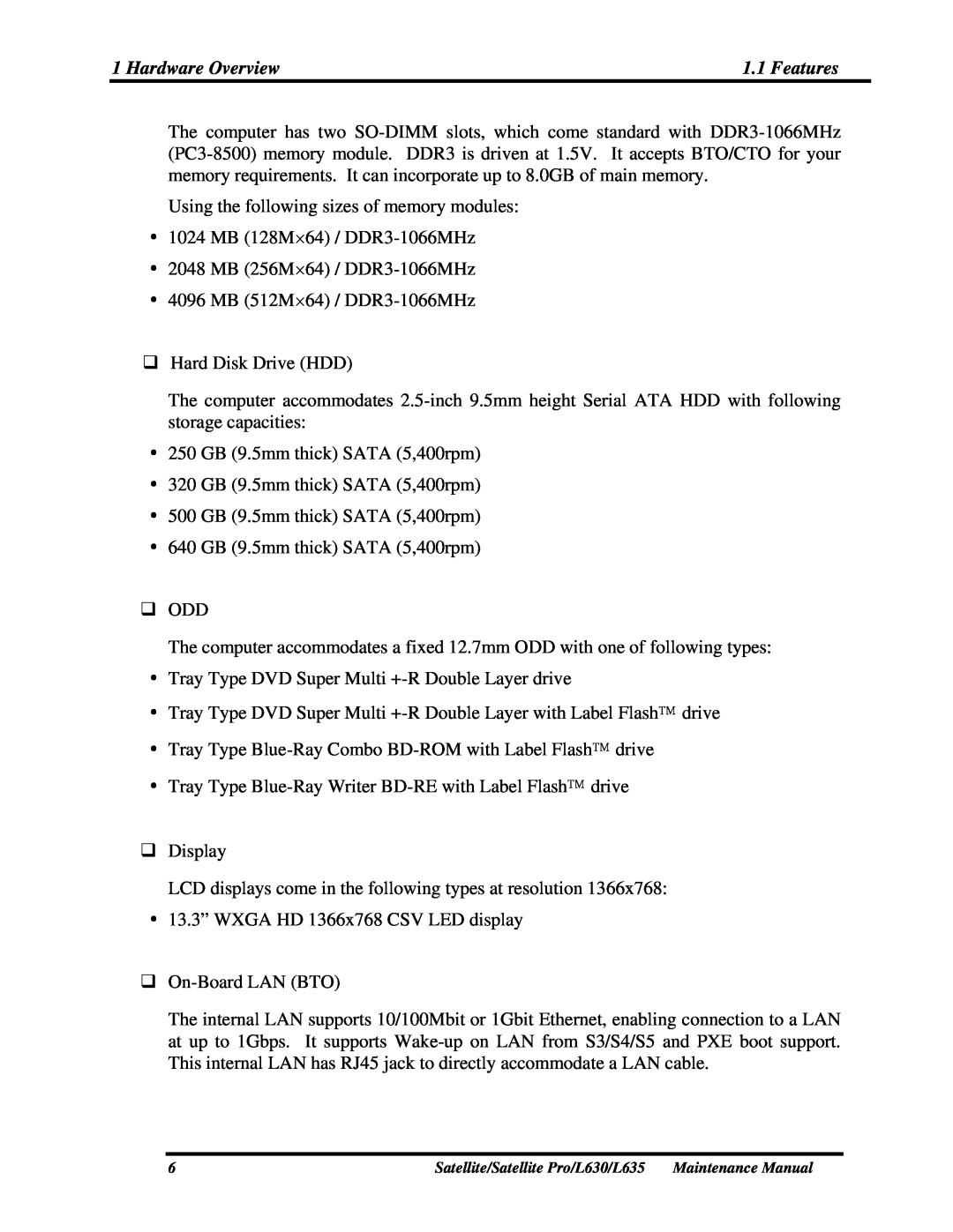 Toshiba L635, L630 manual Using the following sizes of memory modules 