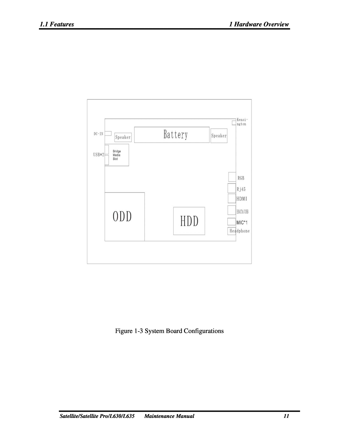 Toshiba manual Features, Hardware Overview, 3 System Board Configurations, Satellite/Satellite Pro/L630/L635 