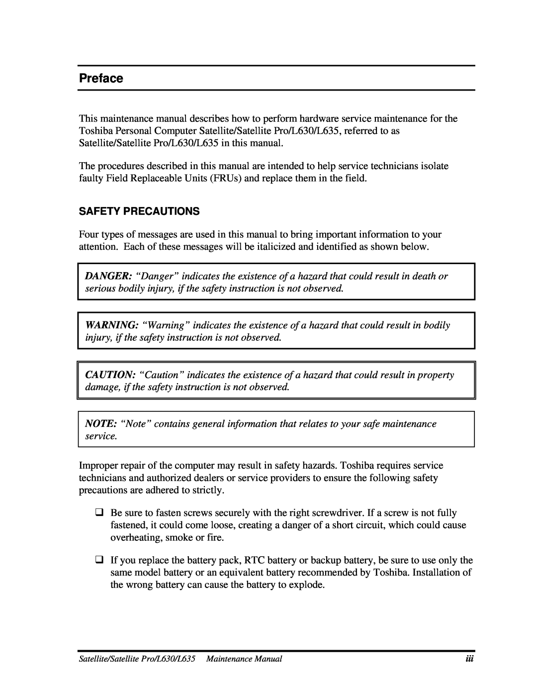 Toshiba L630, L635 manual Preface, Safety Precautions 