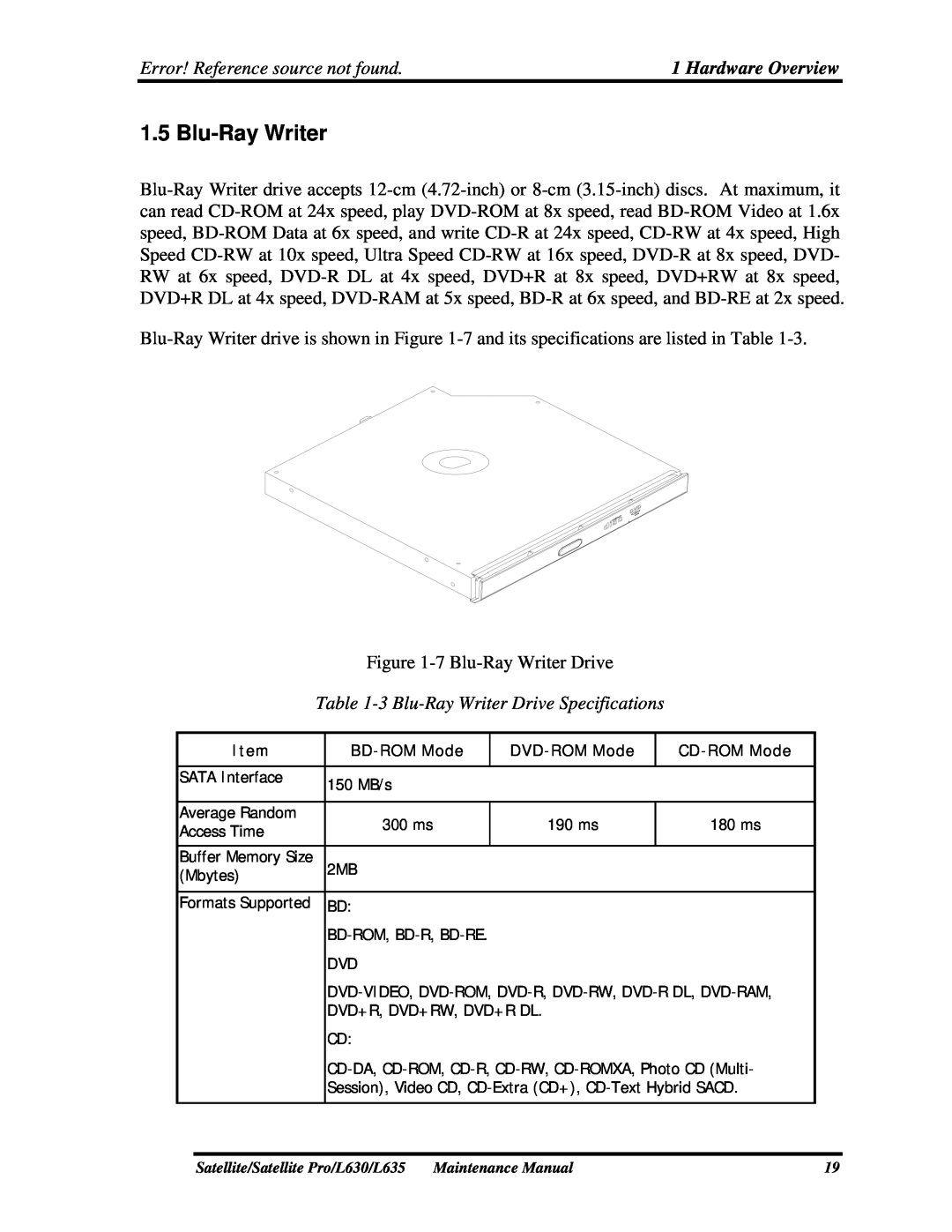 Toshiba L630, L635 manual Blu-Ray Writer 