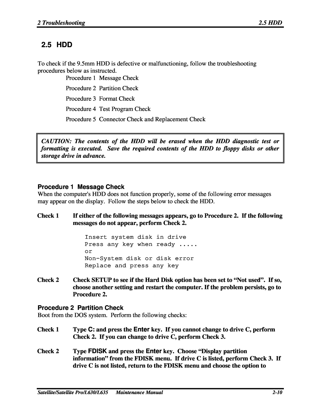 Toshiba L630, L635 manual 2.5 HDD, Procedure 1 Message Check, Procedure 2 Partition Check 