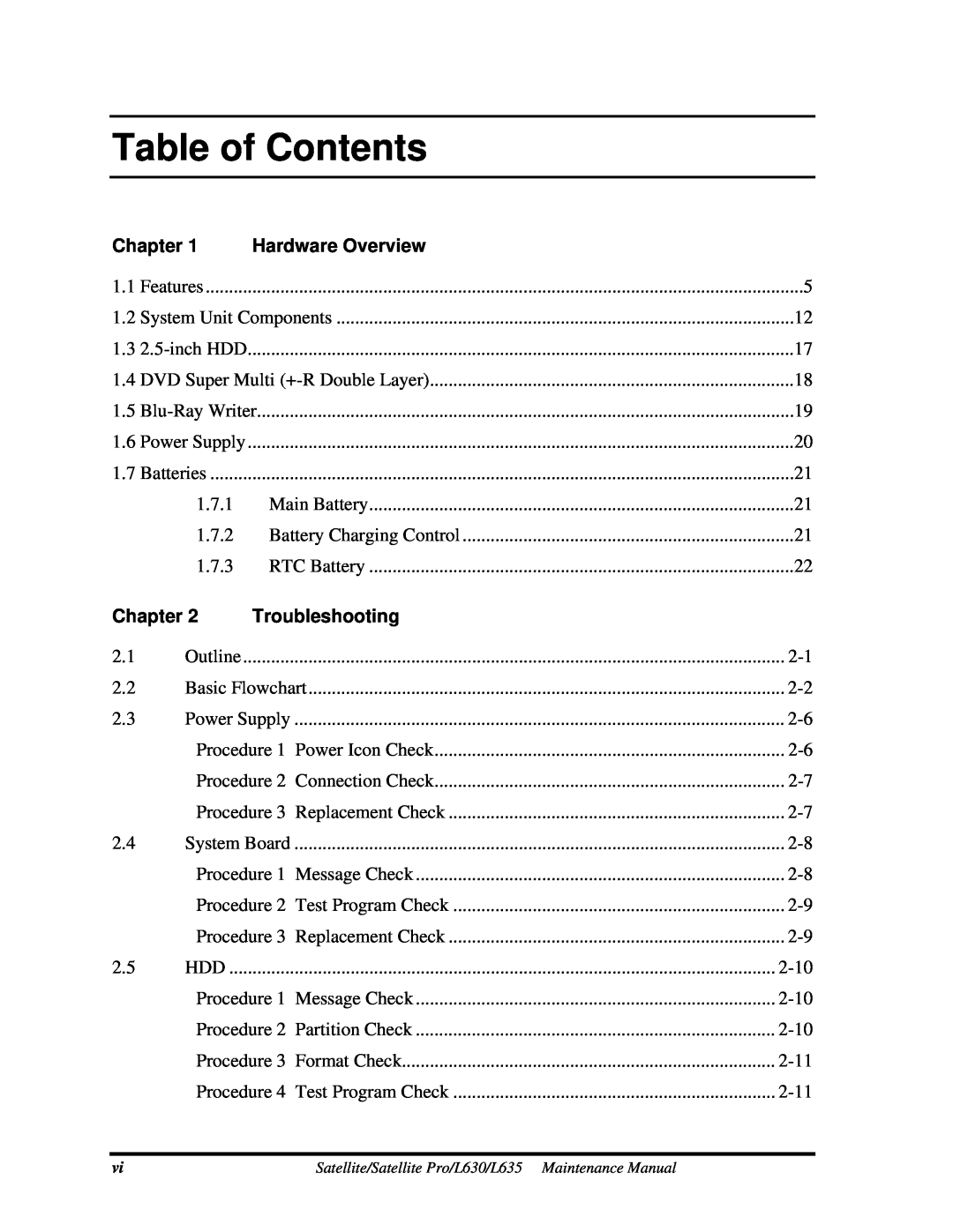 Toshiba L635, L630 manual Table of Contents, Chapter, Hardware Overview, Troubleshooting 
