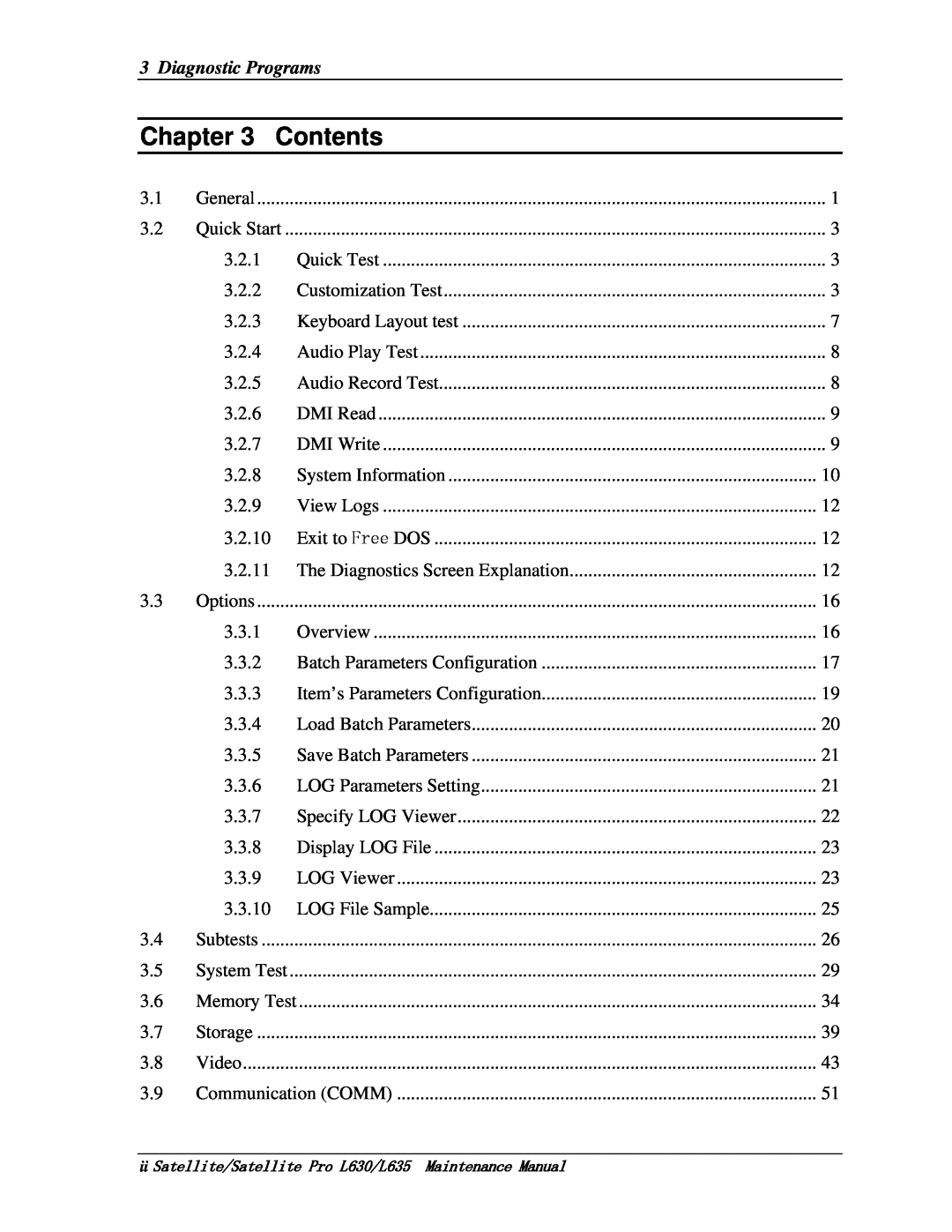 Toshiba manual Chapter, Contents, Diagnostic Programs, ii Satellite/Satellite Pro L630/L635 Maintenance Manual 