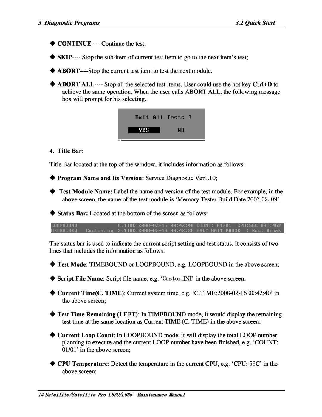 Toshiba L635, L630 manual Title Bar,  Program Name and Its Version Service Diagnostic Ver1.10 