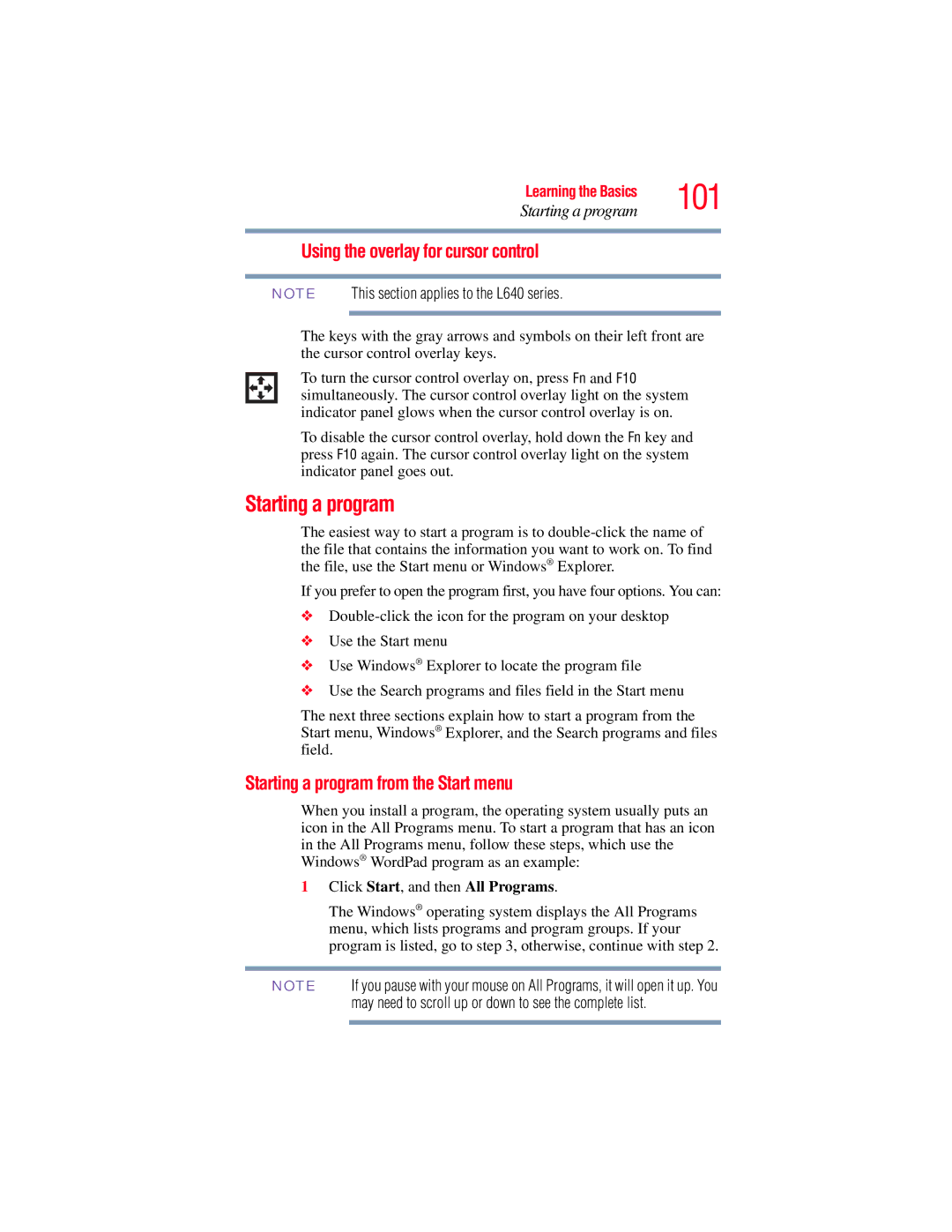 Toshiba L650, L640 manual 101, Using the overlay for cursor control, Starting a program from the Start menu 