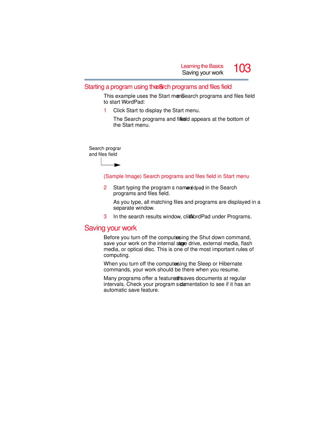 Toshiba L650, L640 manual 103, Saving your work, Sample Image Search programs and files field in Start menu 