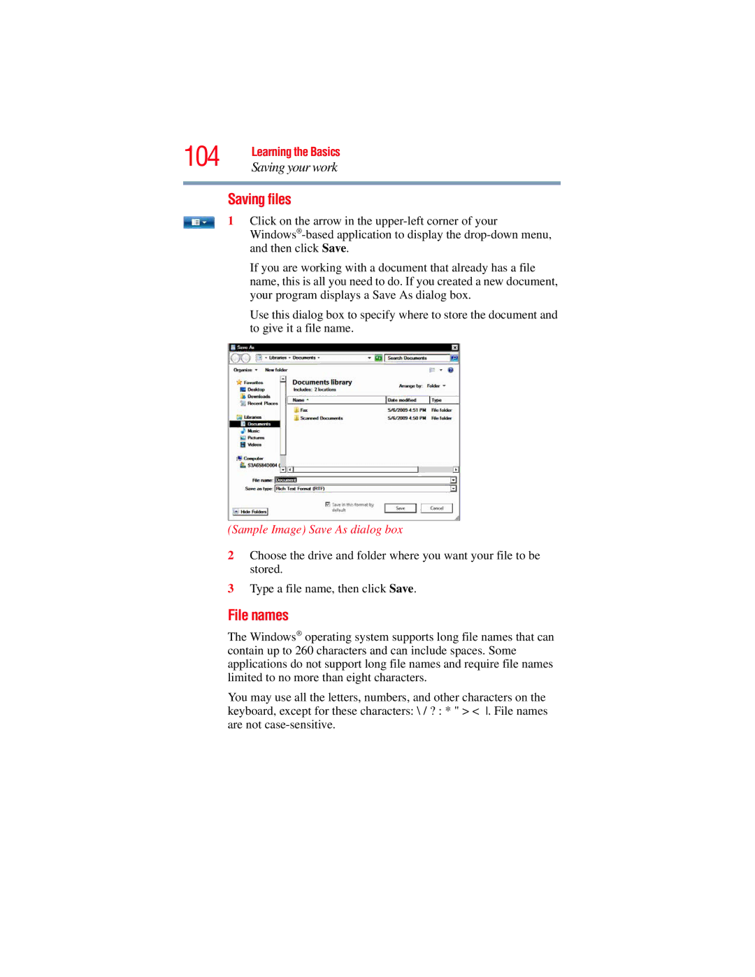 Toshiba L640, L650 manual 104, Saving files, File names, Sample Image Save As dialog box 