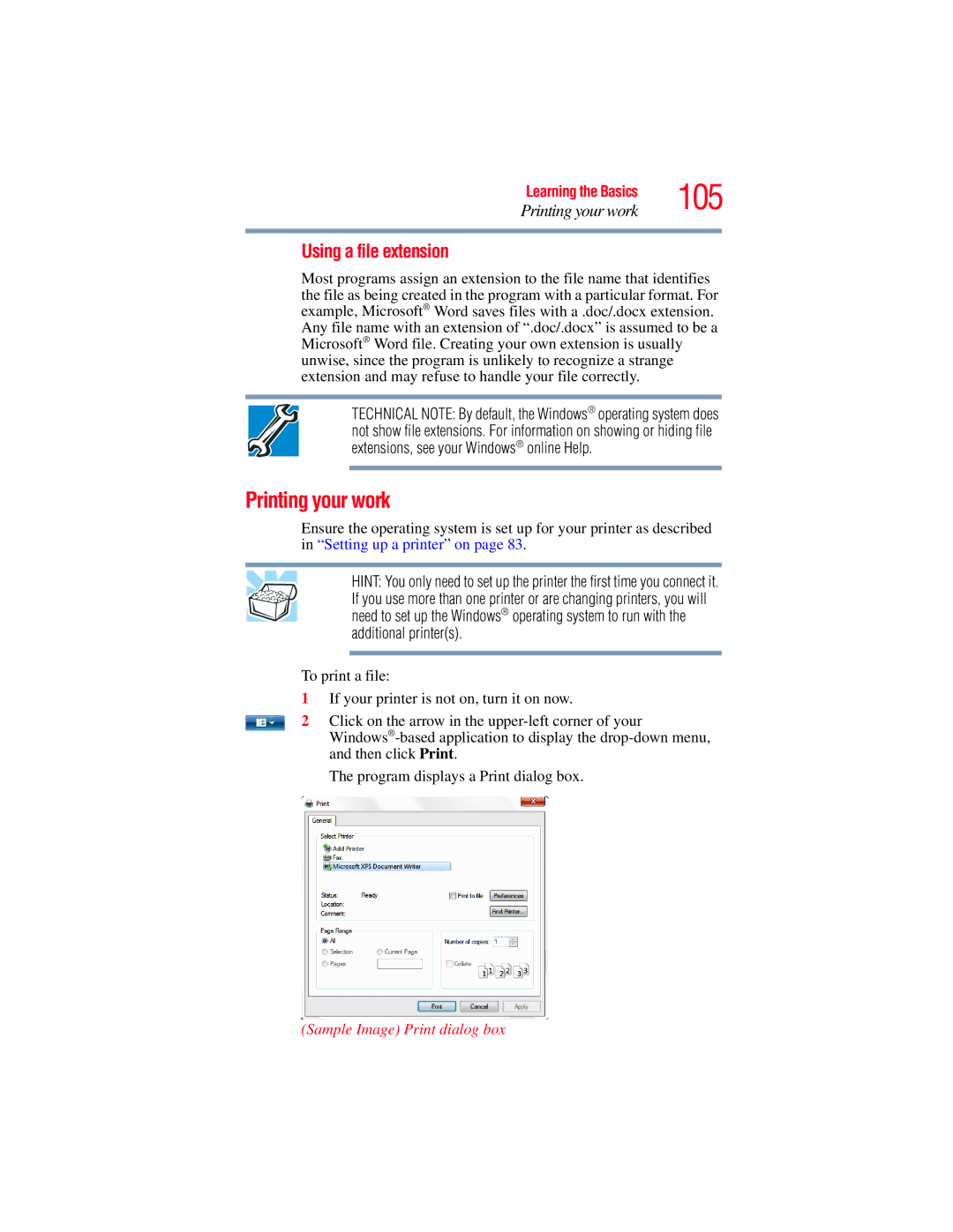 Toshiba L650, L640 manual 105, Printing your work, Using a file extension, Sample Image Print dialog box 