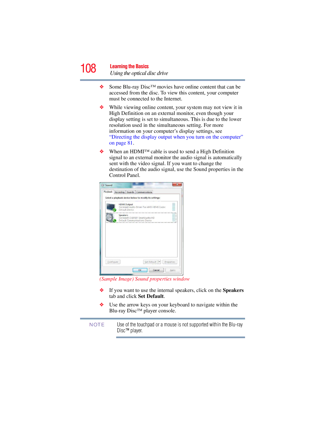 Toshiba L640, L650 manual 108, Using the optical disc drive, Sample Image Sound properties window 