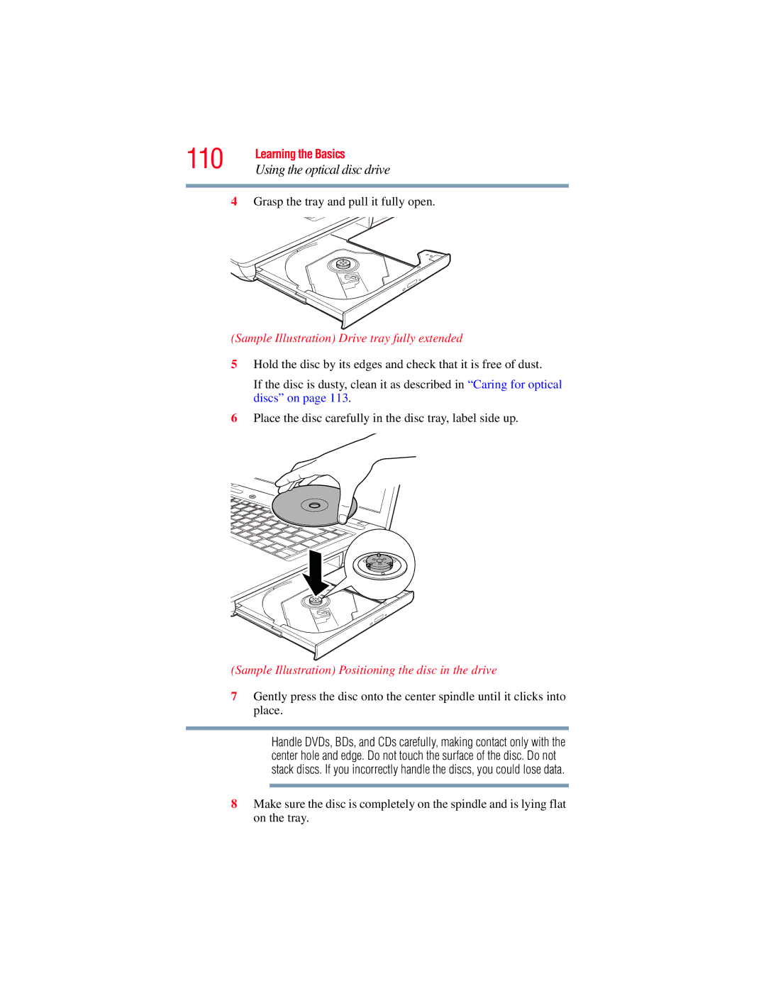 Toshiba L640 110, Sample Illustration Drive tray fully extended, Sample Illustration Positioning the disc in the drive 