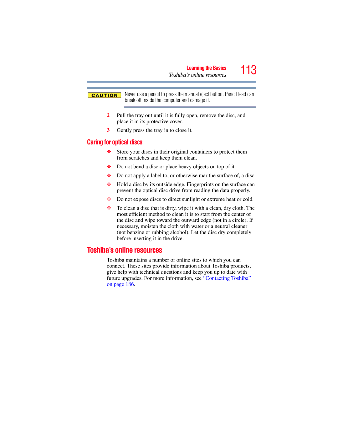 Toshiba L650, L640 manual Toshiba’s online resources, Caring for optical discs 