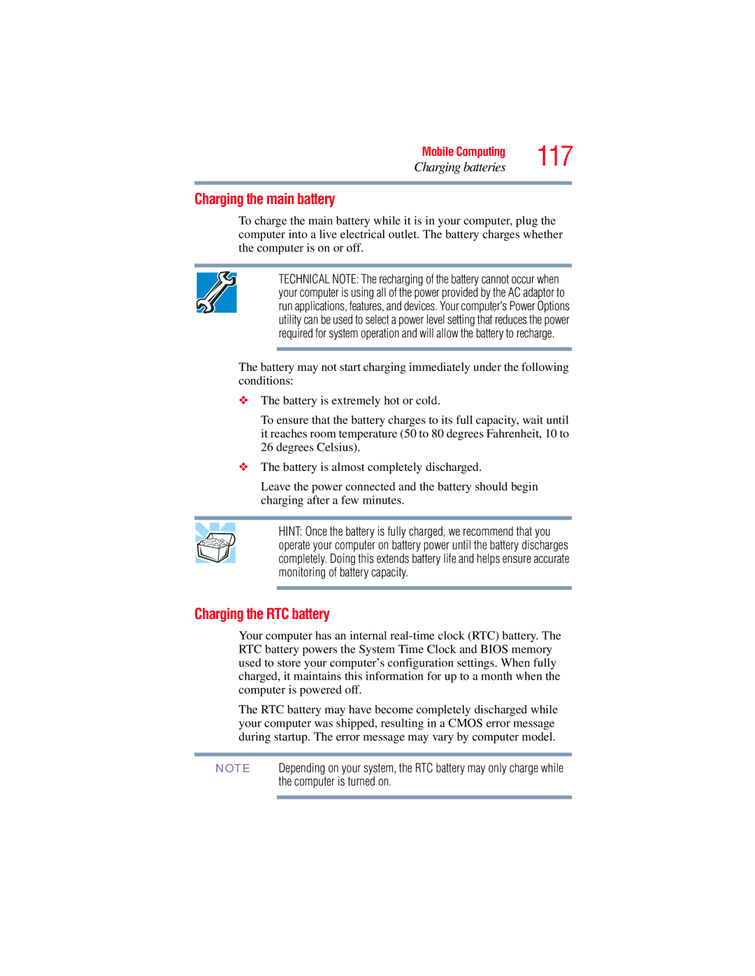 Toshiba L650, L640 manual 117, Charging the main battery, Charging the RTC battery 