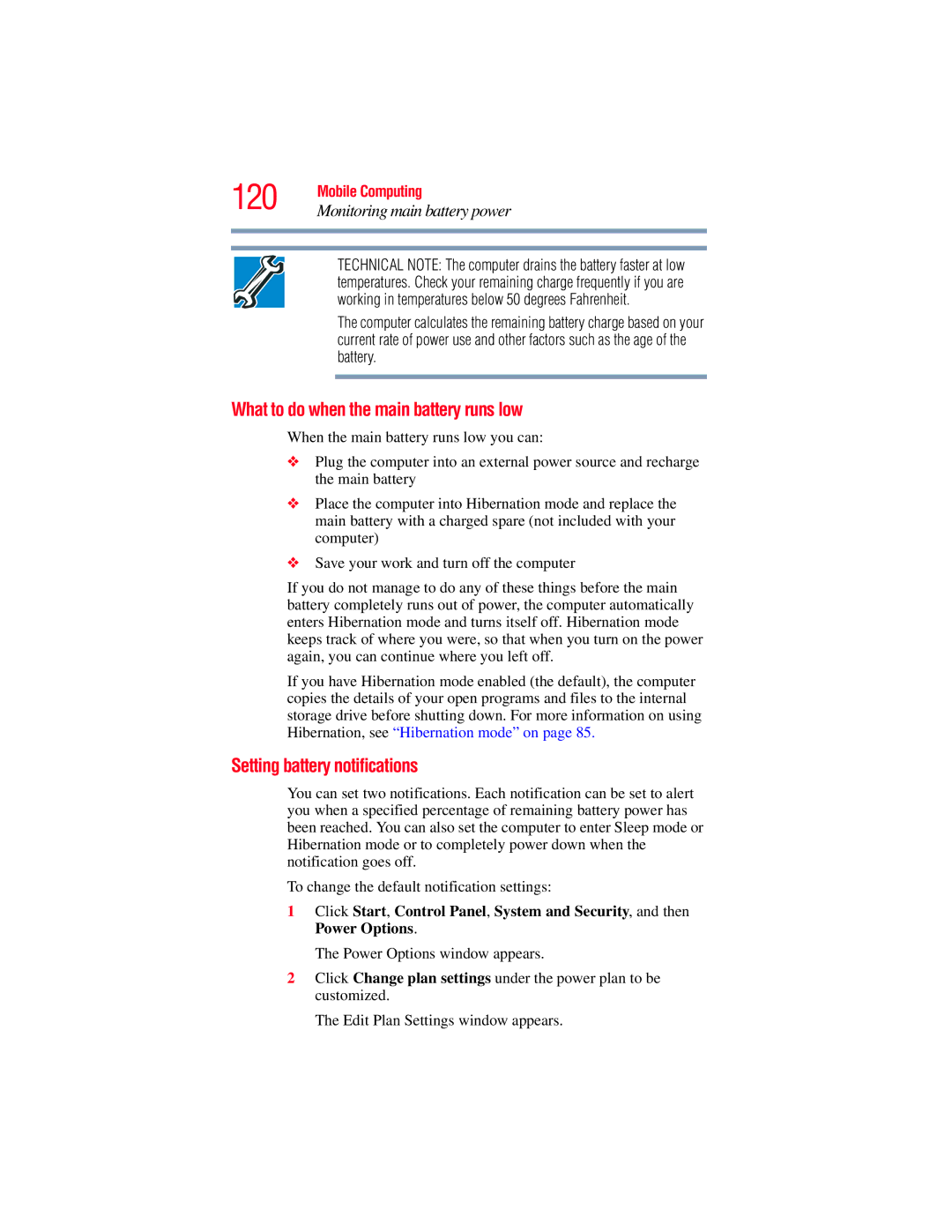 Toshiba L640, L650 manual What to do when the main battery runs low, Setting battery notifications 