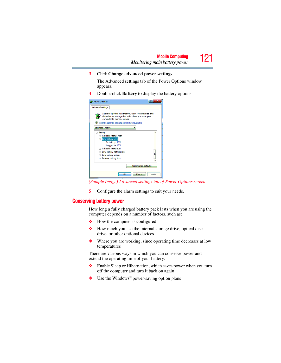 Toshiba L650, L640 manual 121, Conserving battery power 