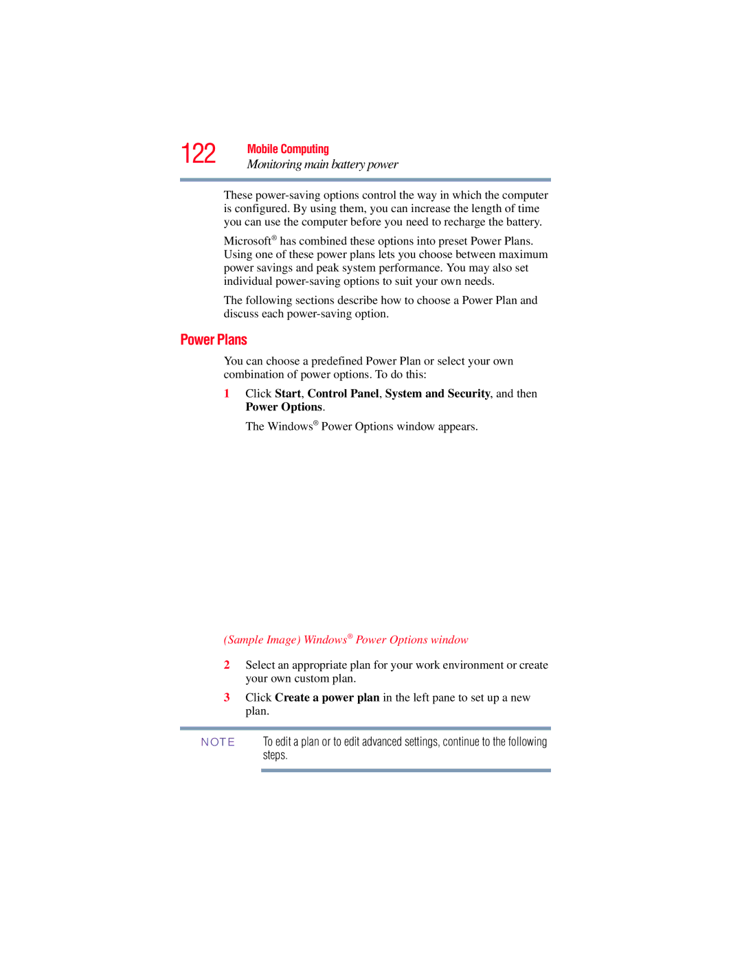 Toshiba L640, L650 manual Power Plans, Sample Image Windows Power Options window 