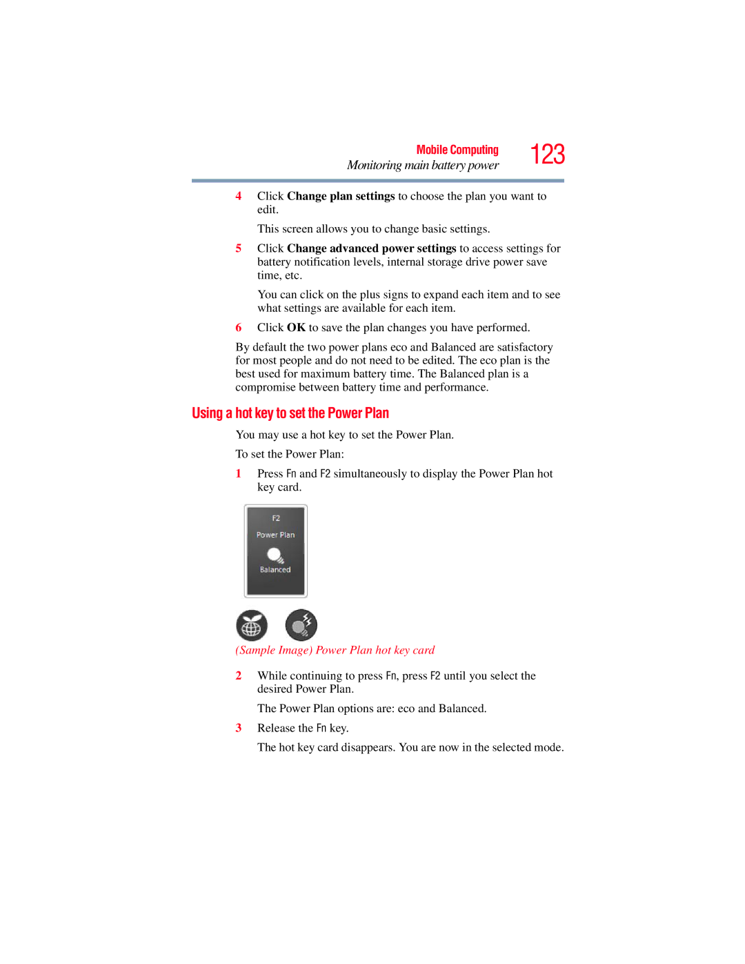 Toshiba L650, L640 manual 123, Using a hot key to set the Power Plan, Sample Image Power Plan hot key card 