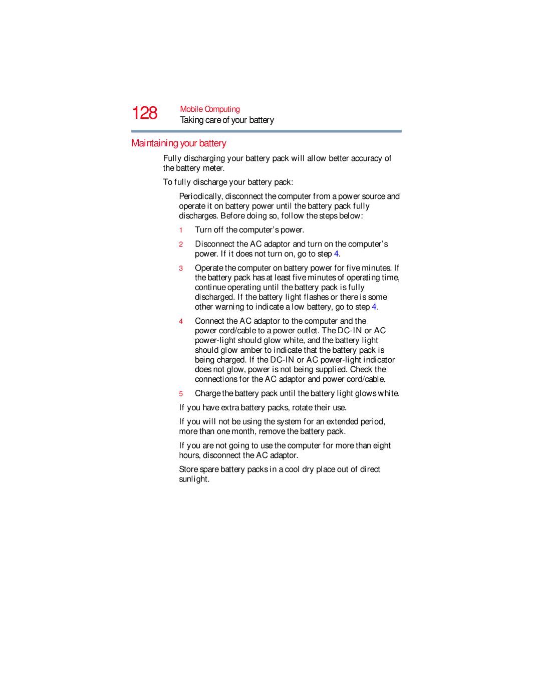 Toshiba L640, L650 manual 128, Maintaining your battery, Taking care of your battery 