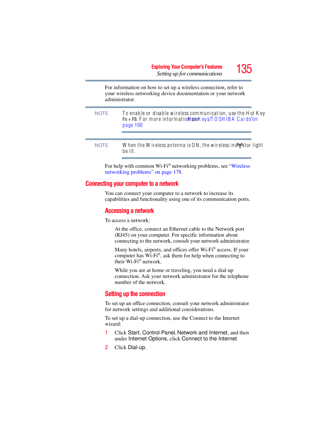 Toshiba L650, L640 manual Connecting your computer to a network, Accessing a network, Setting up the connection 