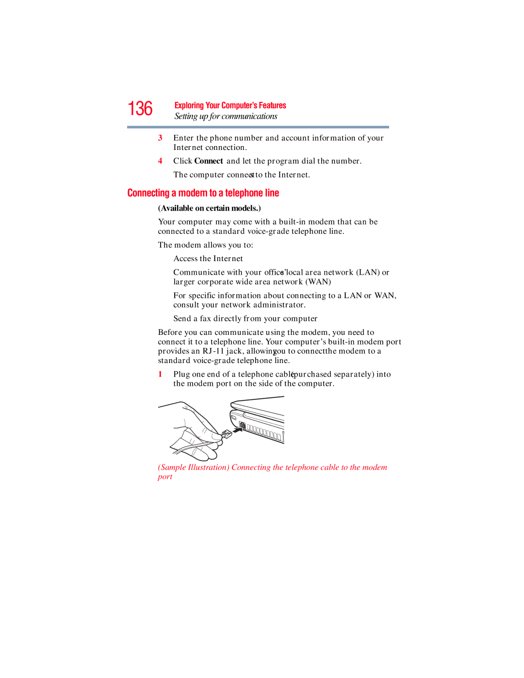 Toshiba L640, L650 manual 136, Connecting a modem to a telephone line, Available on certain models 