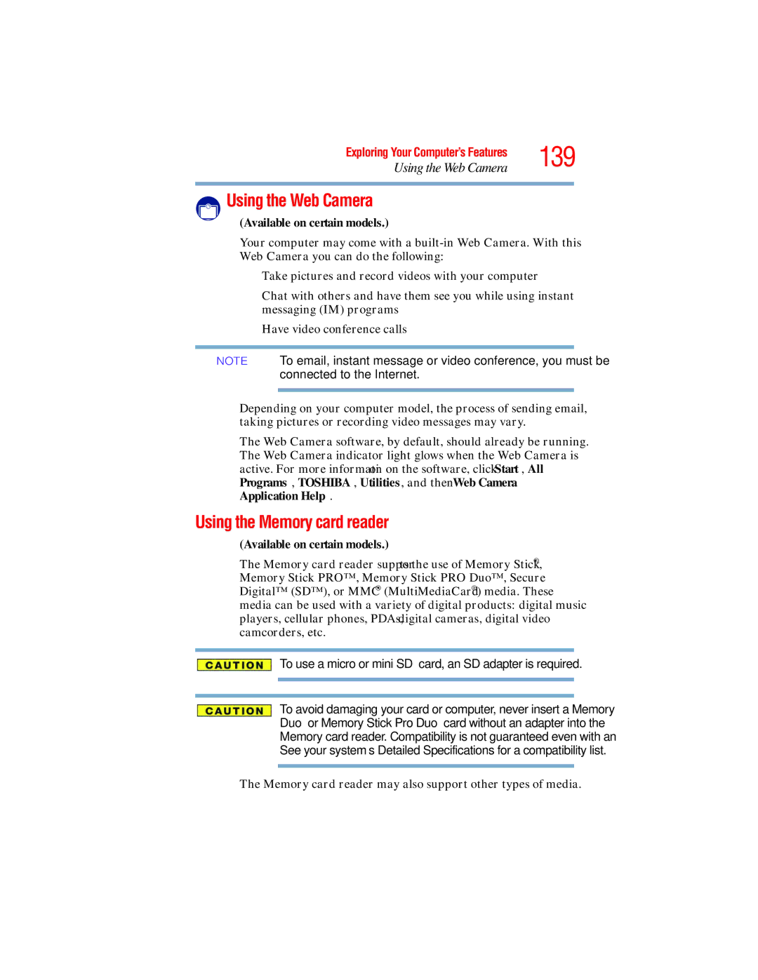 Toshiba L650, L640 manual 139, Using the Web Camera, Using the Memory card reader 
