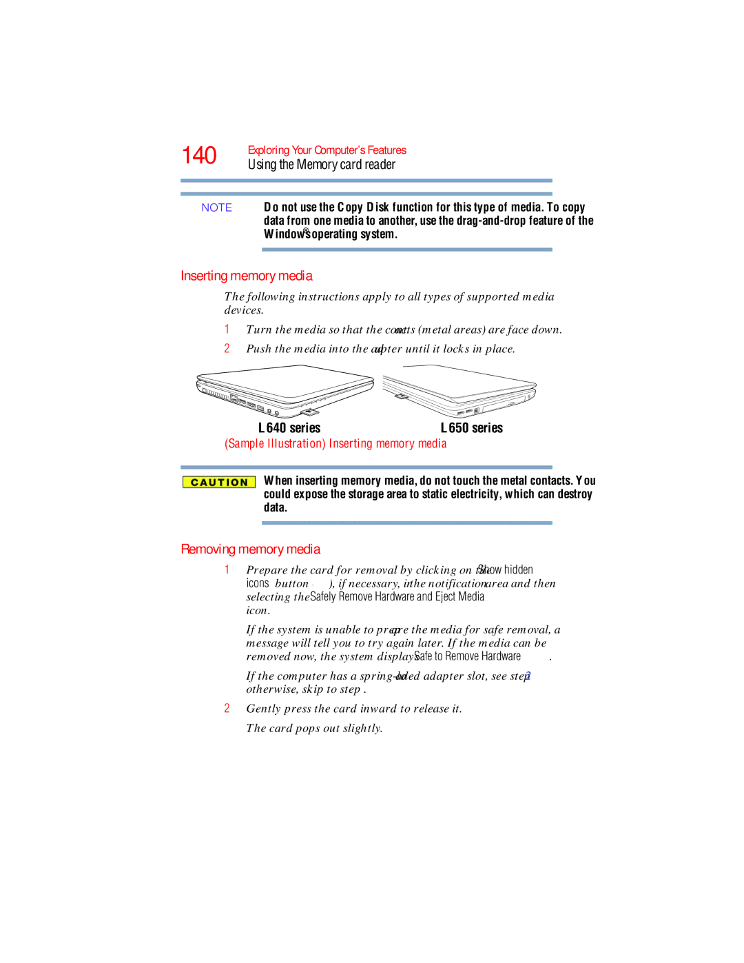 Toshiba L640, L650 manual 140, Inserting memory media, Removing memory media, Using the Memory card reader 