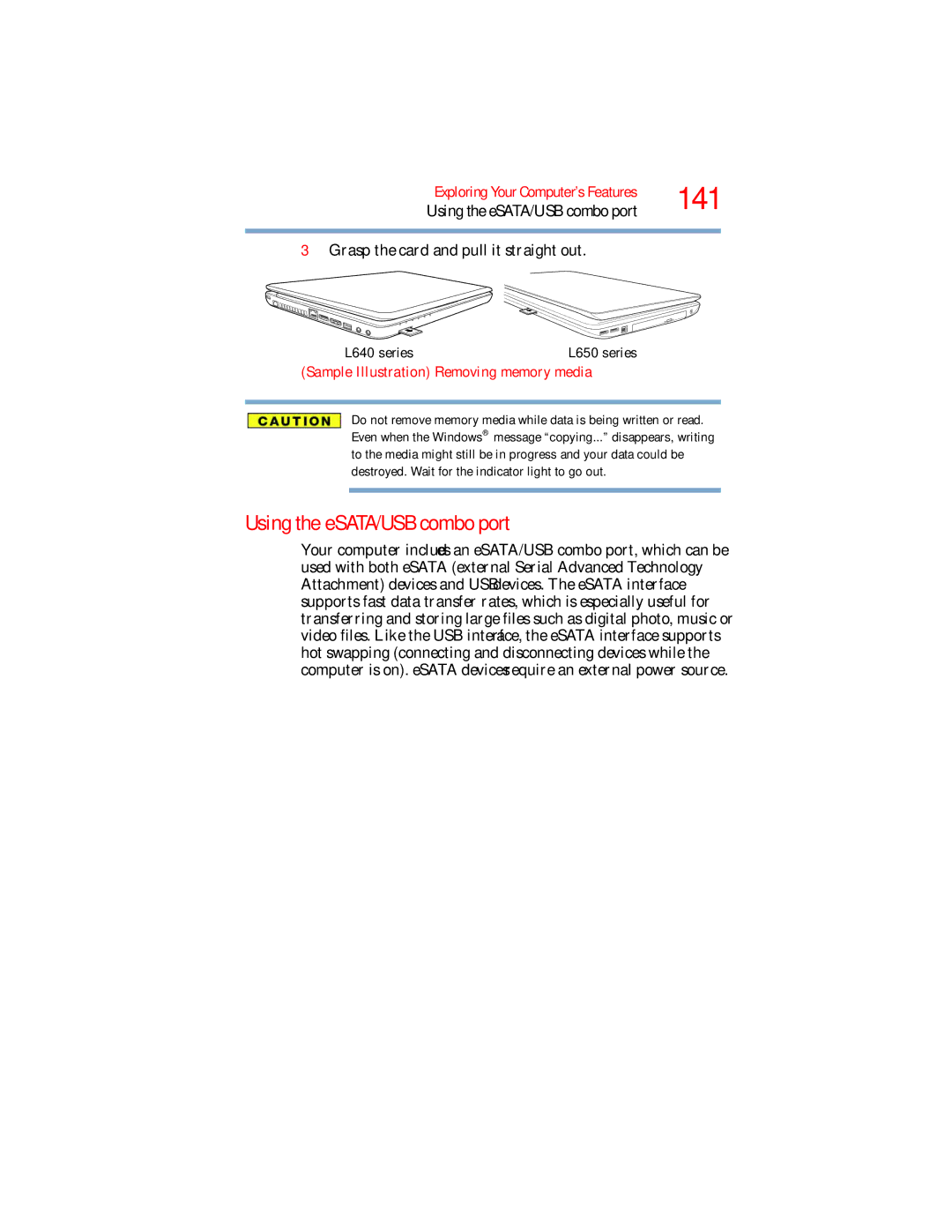 Toshiba L650, L640 manual 141, Using the eSATA/USB combo port, Sample Illustration Removing memory media 