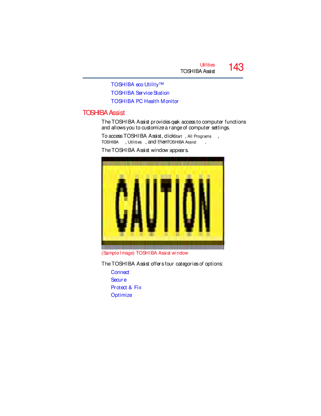 Toshiba L650, L640 manual TOSHIBA, Utilities, and then Toshiba Assist, Sample Image Toshiba Assist window 