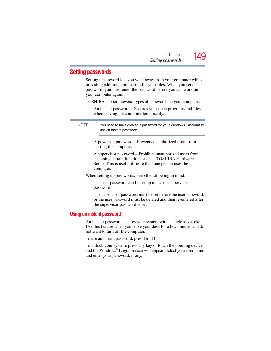 Toshiba L650, L640 manual Setting passwords, Using an instant password 