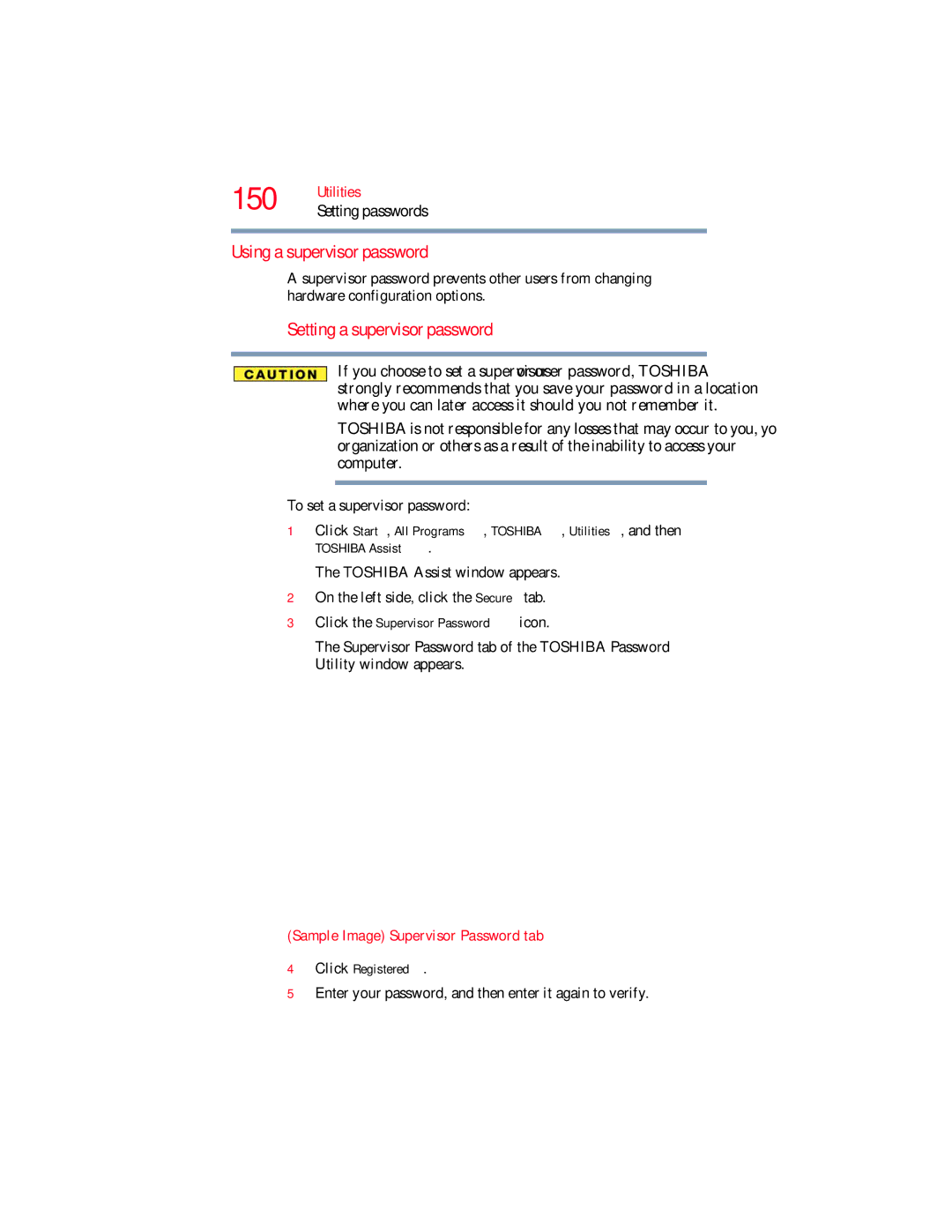 Toshiba L640, L650 manual Using a supervisor password, Setting a supervisor password, Click the Supervisor Password icon 