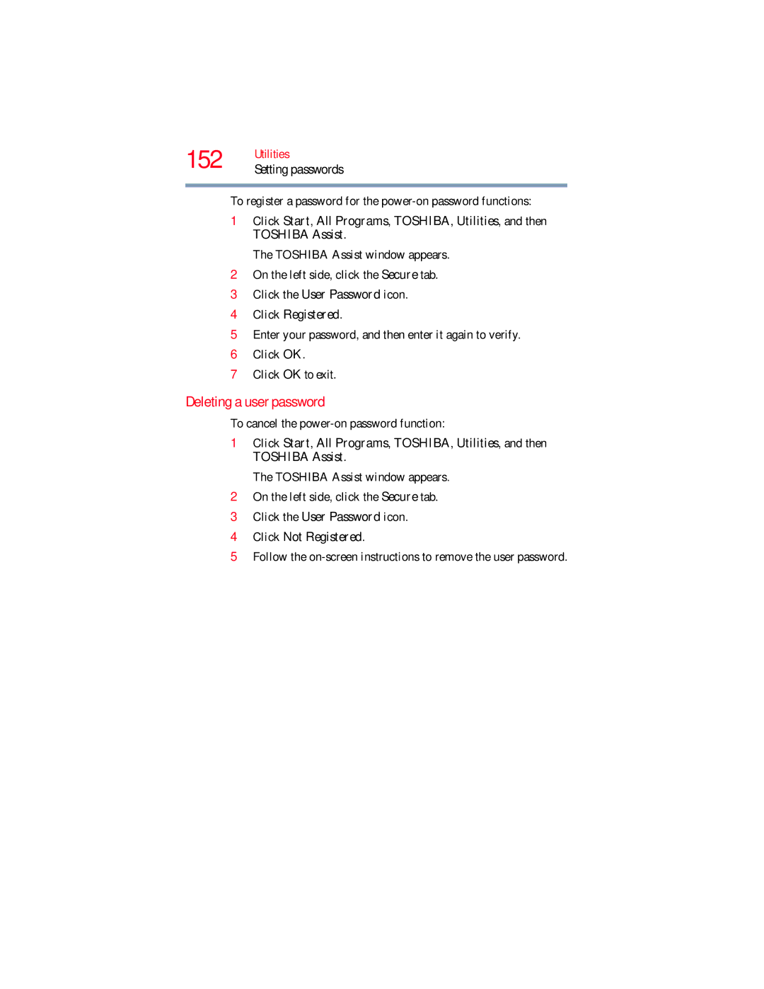 Toshiba L640, L650 manual Deleting a user password 