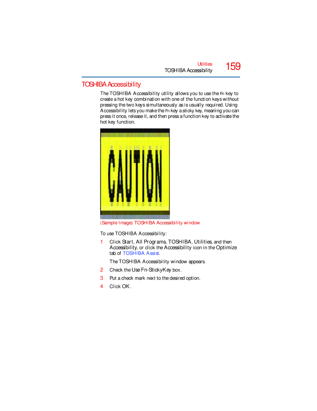 Toshiba L650, L640 manual Sample Image Toshiba Accessibility window, Check the Use Fn-StickyKey box 