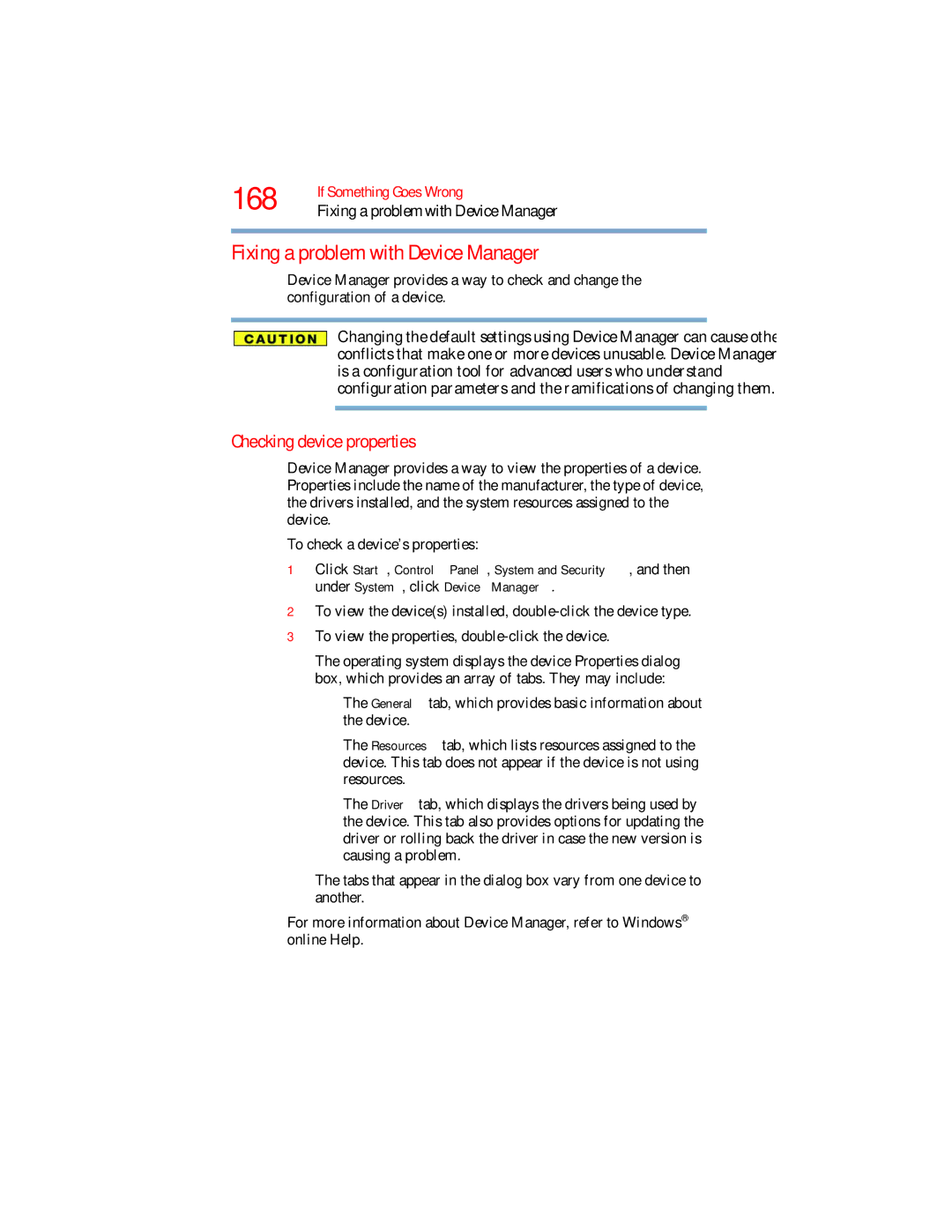 Toshiba L640, L650 manual Fixing a problem with Device Manager, Checking device properties 