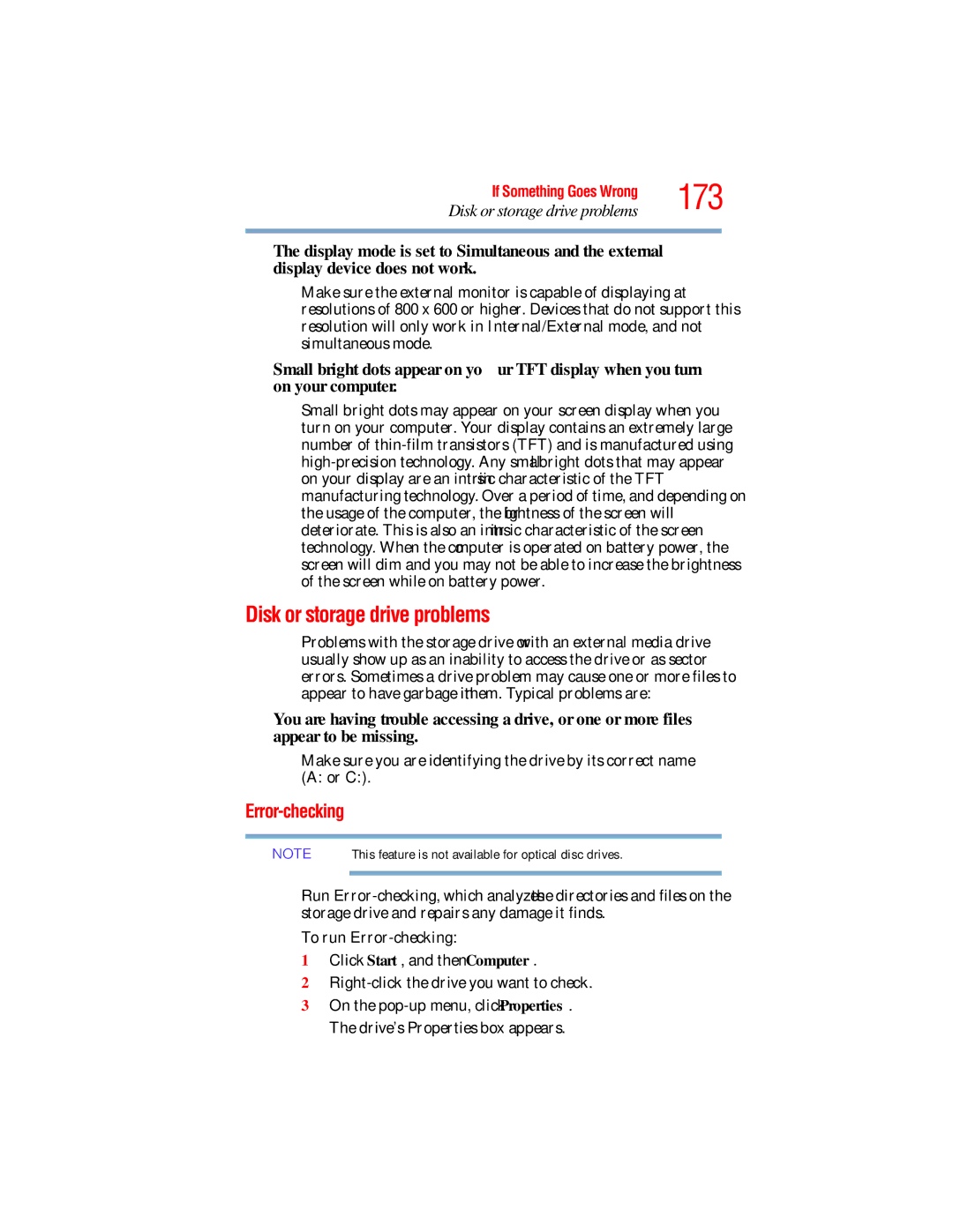 Toshiba L650, L640 manual 173, Disk or storage drive problems, Error-checking 