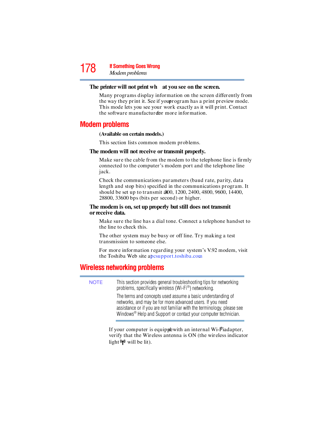 Toshiba L640, L650 manual 178, Modem problems, Wireless networking problems 