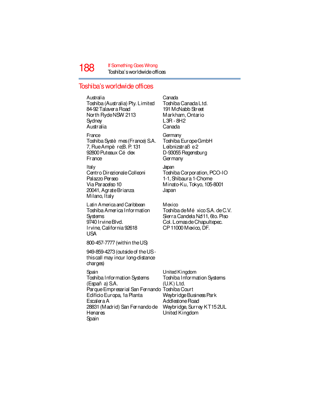 Toshiba L640, L650 manual 188, Toshiba’s worldwide offices 