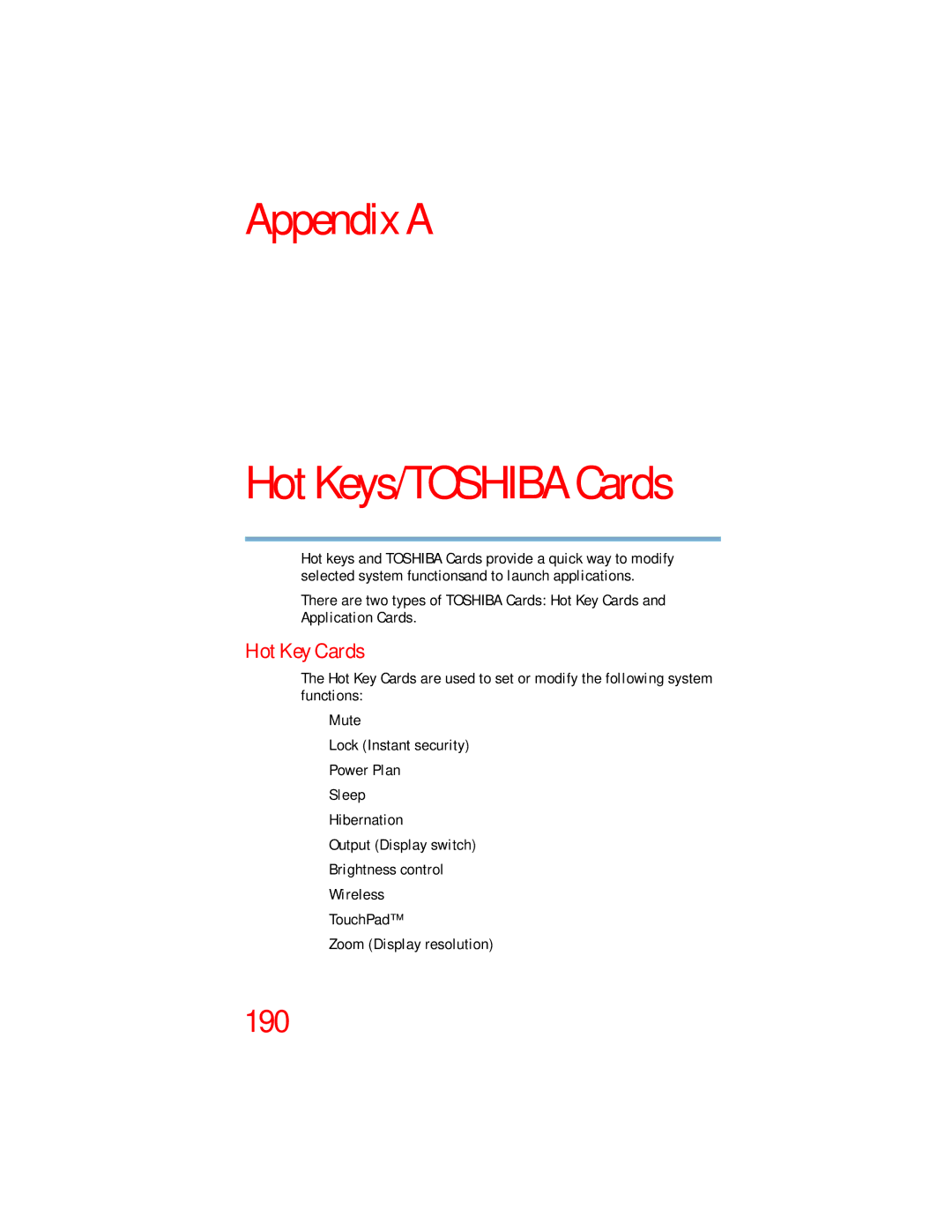 Toshiba L640, L650 manual Appendix a, Hot Key Cards 