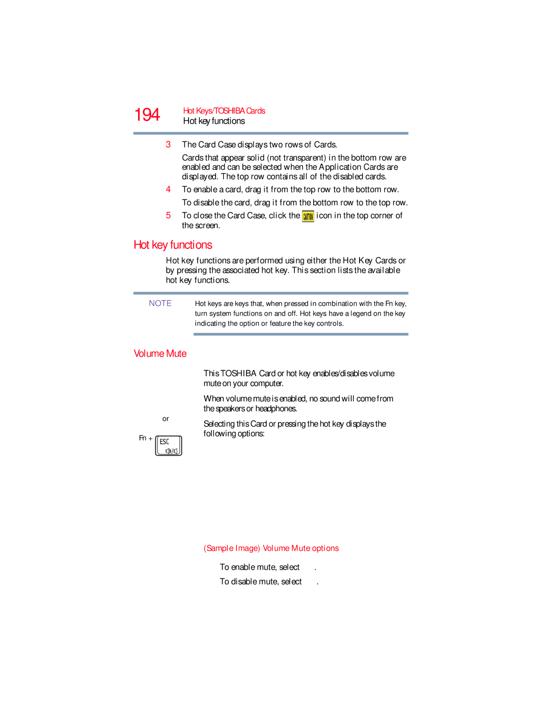 Toshiba L640, L650 manual 194, Hot key functions, Sample Image Volume Mute options 